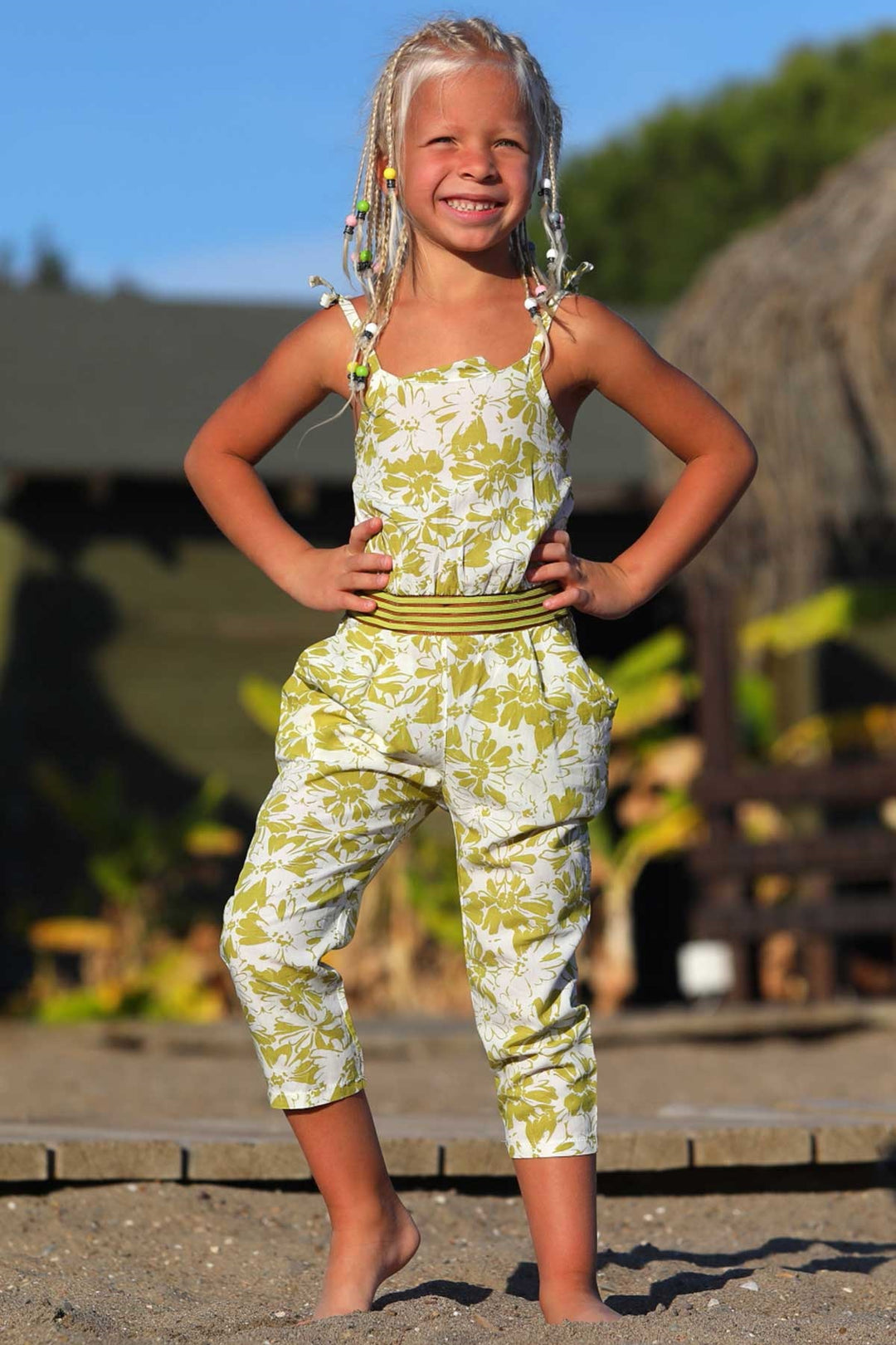 BRE Escabel Girl's Jumpsuit with Flower Pattern, Pistachio Green, 1-4 Years - Köniz