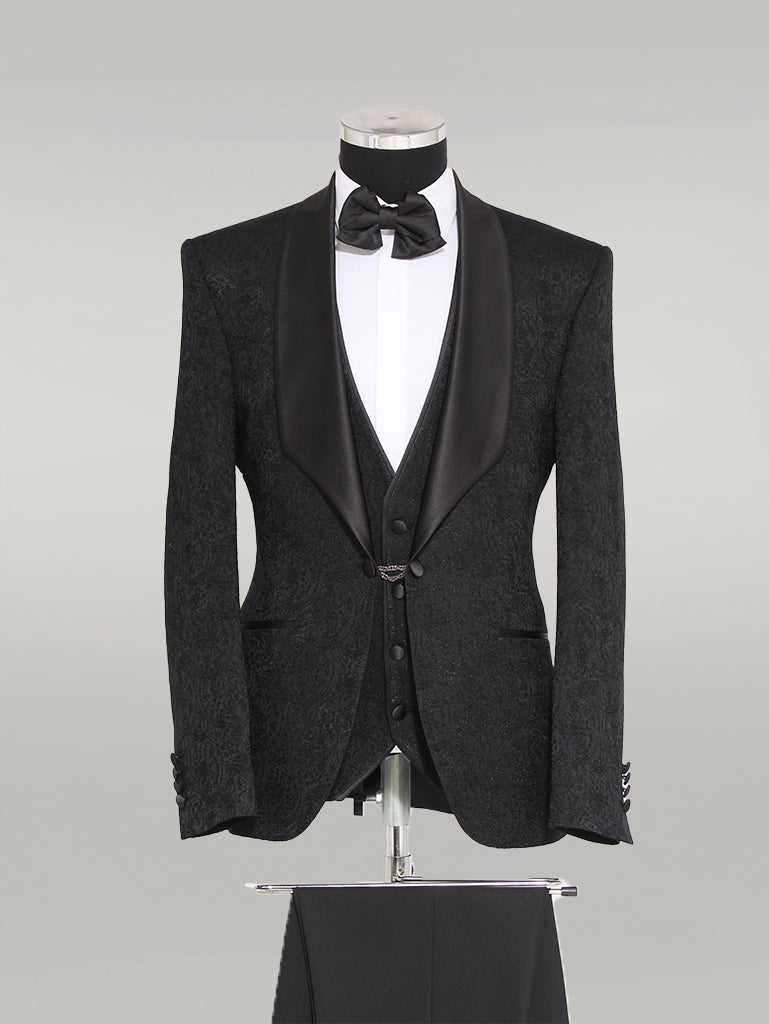 WSS 3-Piece Patterned Single Button Satin Lapel Black Men's Tuxedo with Bow Tie  - Singen