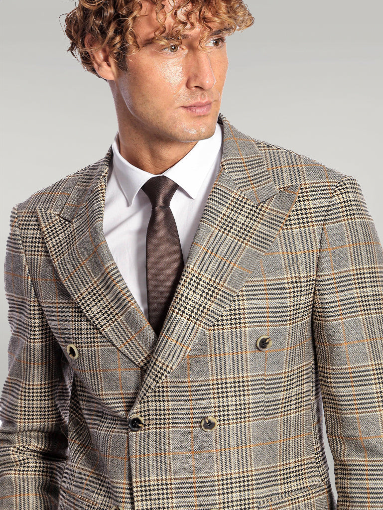 WSS Double Breasted Checked Grey Men Blazer  - Singen