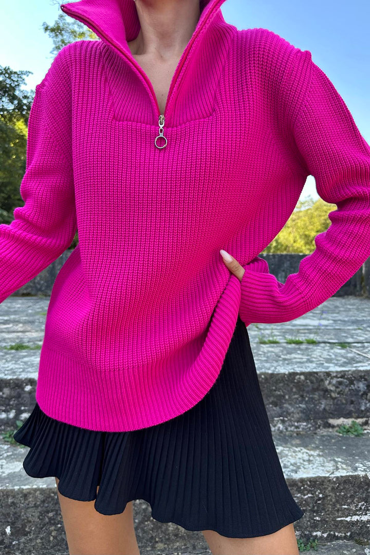 ELS Zippered and Turtleneck Sweater - Fuchsia - Bragadiru