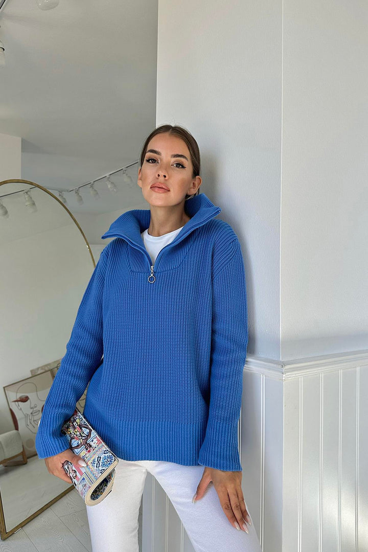 ELS Zippered and Turtleneck Sweater - Blue - Potenza