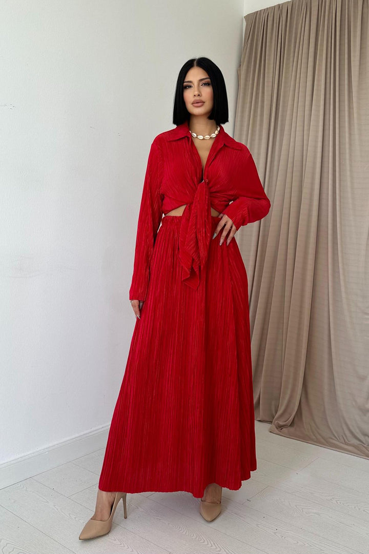 ELS Ribbed Shirt and Long Skirt Set - Red - Mesquite