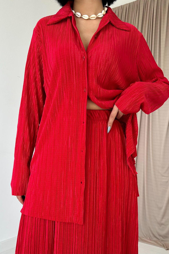 ELS Ribbed Shirt and Long Skirt Set - Red - Mesquite