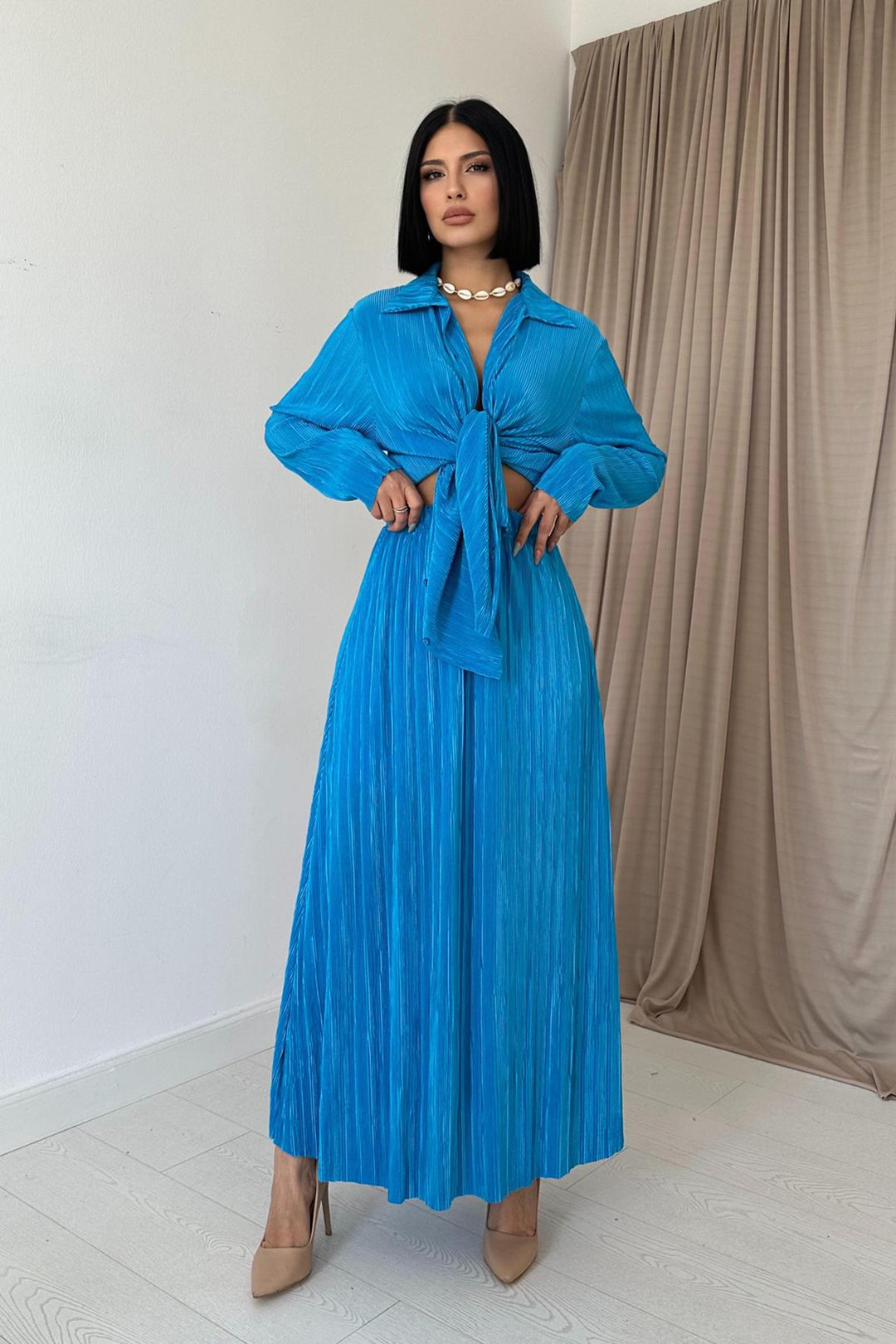 ELS Ribbed Shirt and Long Skirt Set - Blue - Suharekë