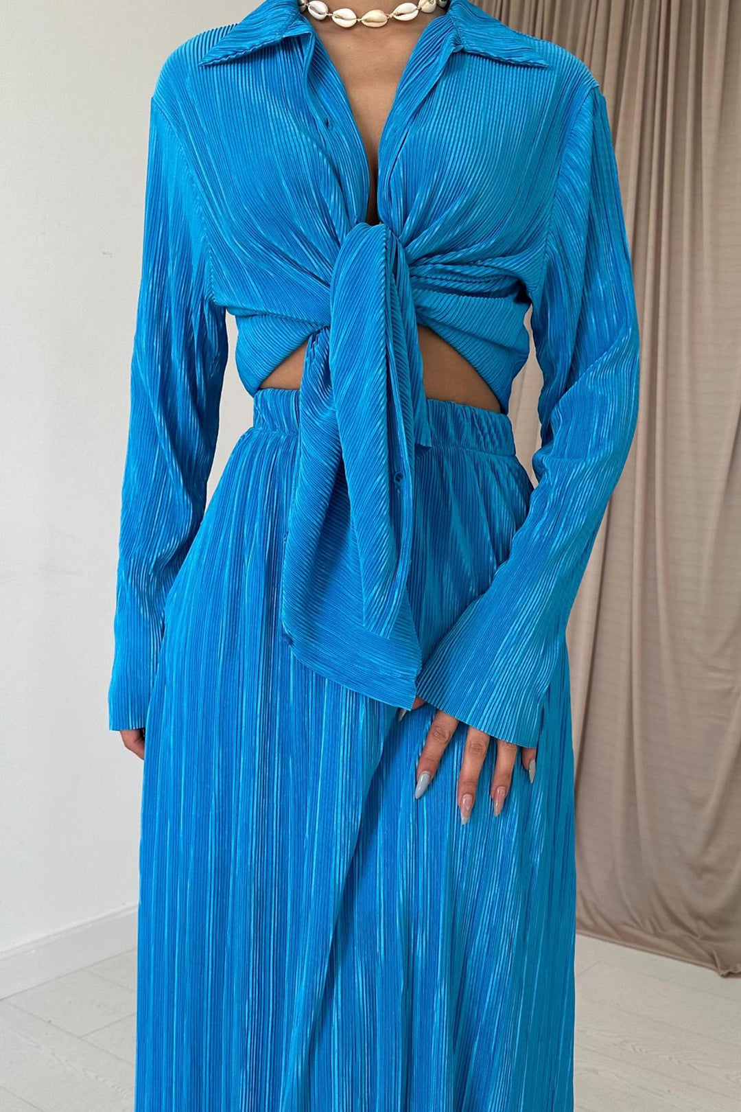 ELS Ribbed Shirt and Long Skirt Set - Blue - Suharekë