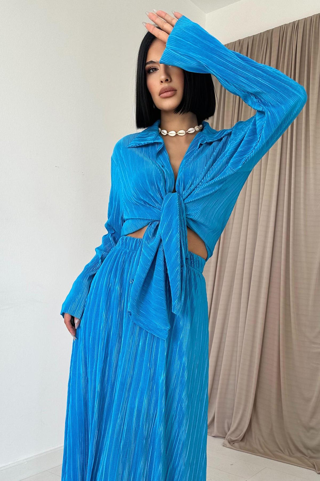 ELS Ribbed Shirt and Long Skirt Set - Blue - Suharekë