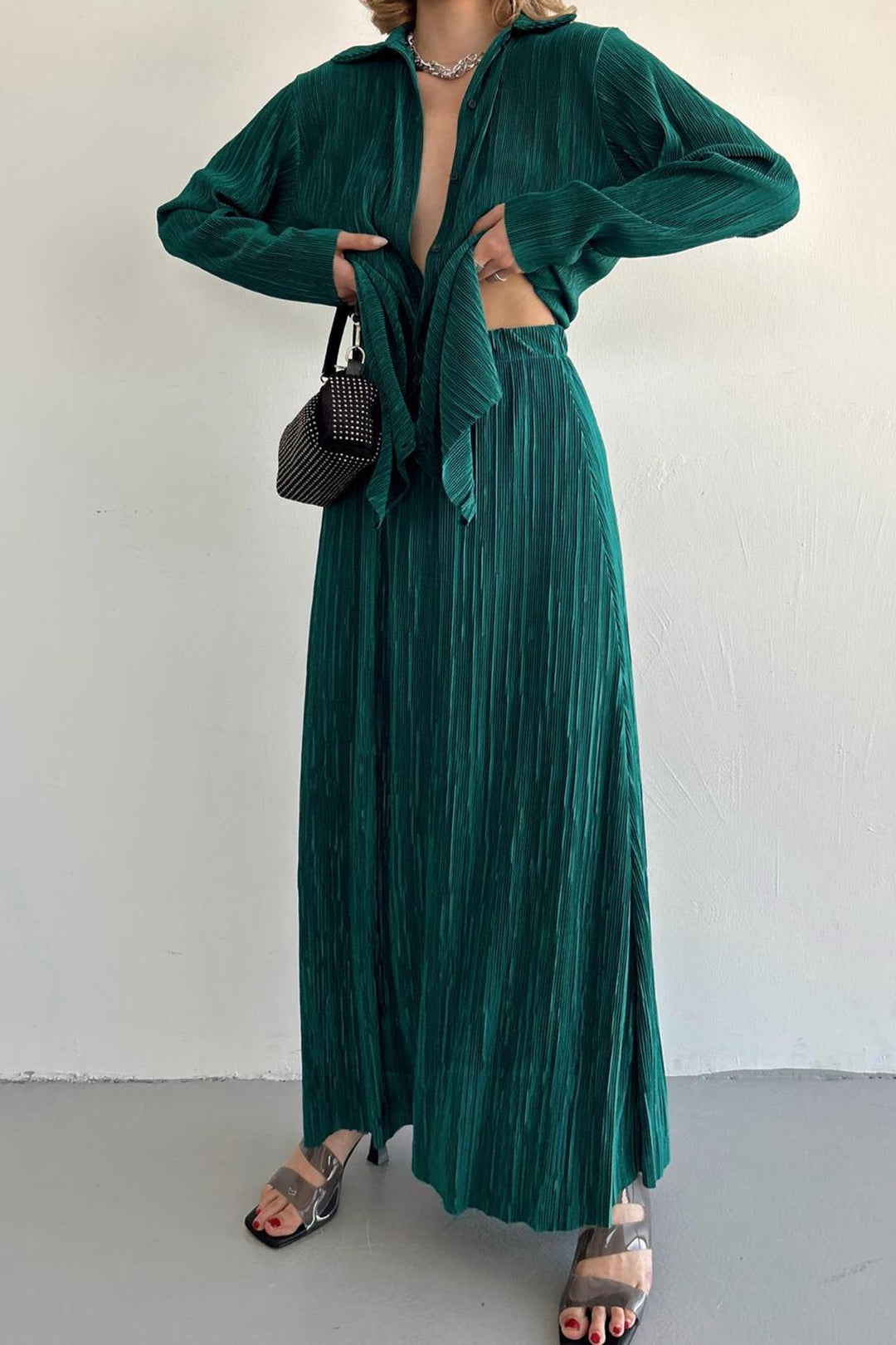 ELS Ribbed Shirt and Long Skirt Set - Emerald - Barcelos