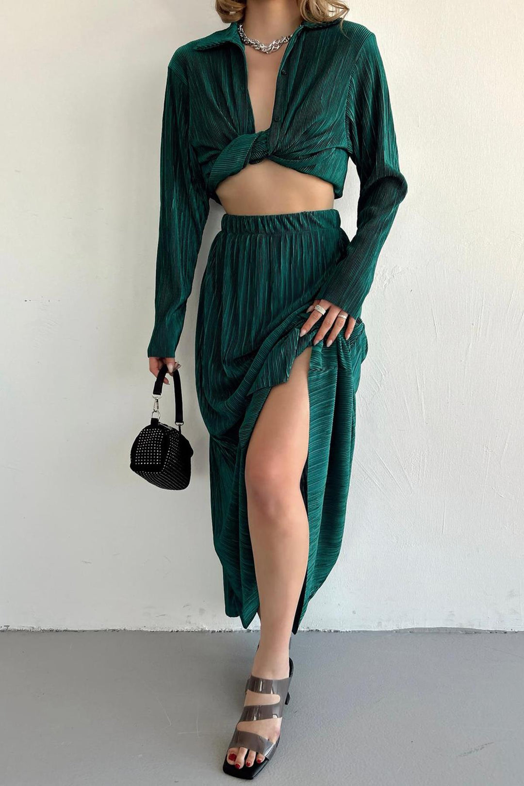 ELS Ribbed Shirt and Long Skirt Set - Emerald - Barcelos