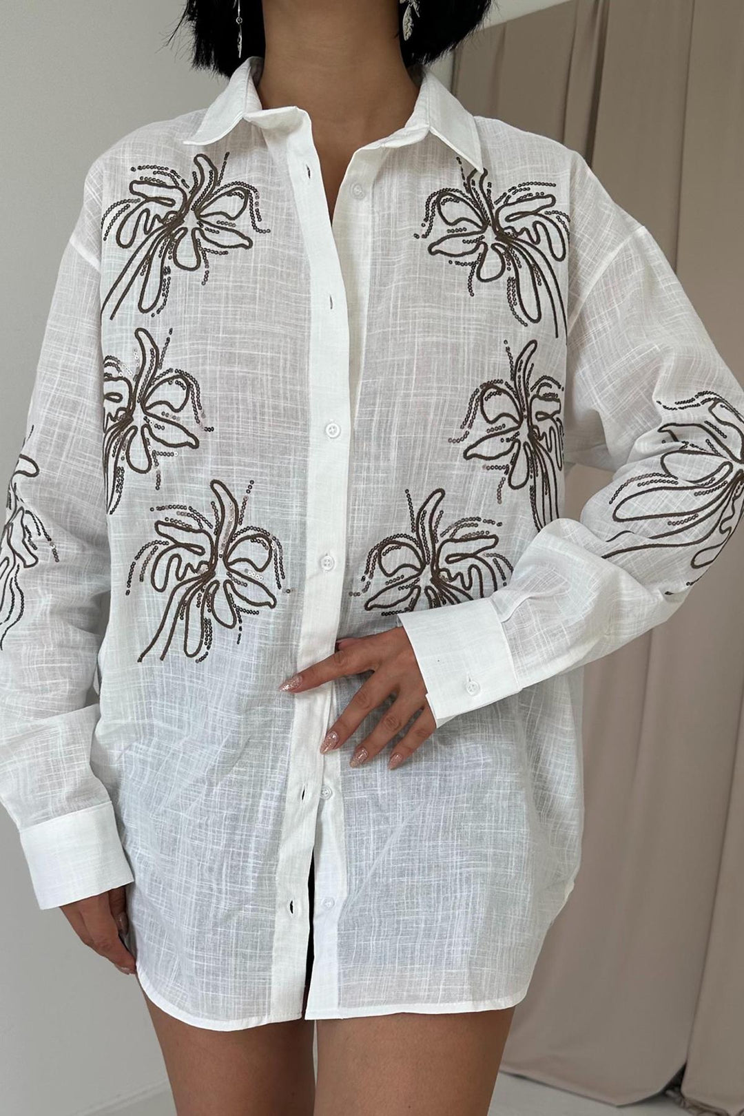 ELS Flame Linen Embroidered Sequin Shirt - White - Brunswick