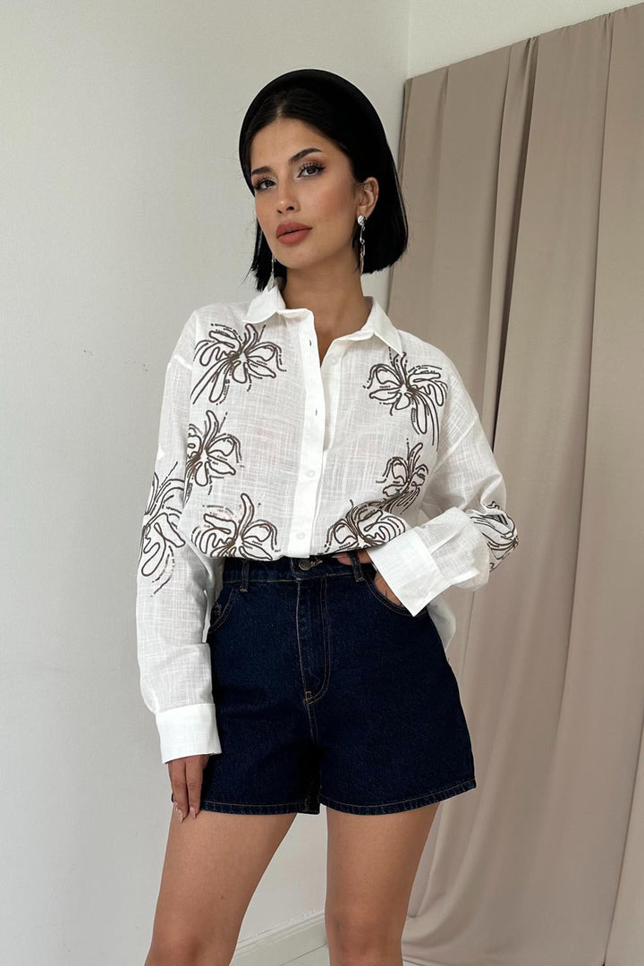 ELS Flame Linen Embroidered Sequin Shirt - White - Brunswick