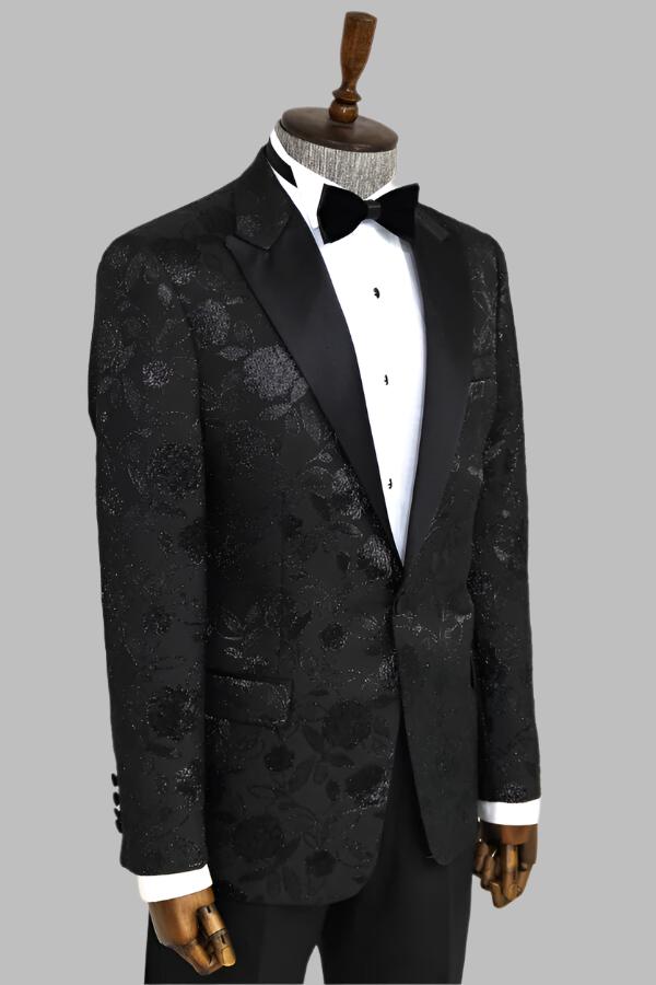 WSS Floral Patterned Black Men Prom Blazer  - Singen