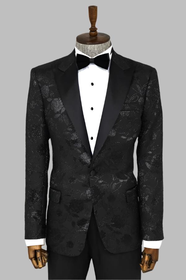 WSS Floral Patterned Black Men Prom Blazer  - Singen