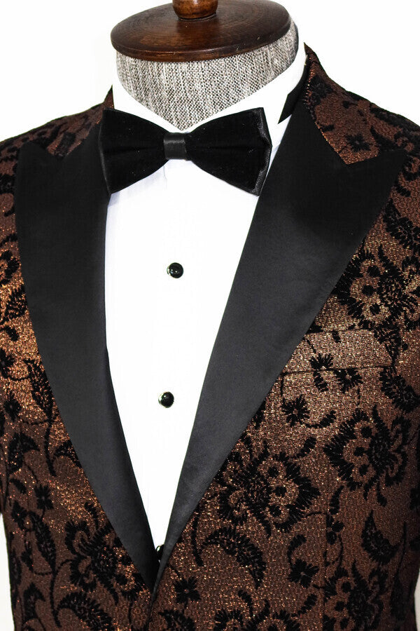 WSS Floral Patterned Peak Lapel Gold Men Prom Blazer  - Singen