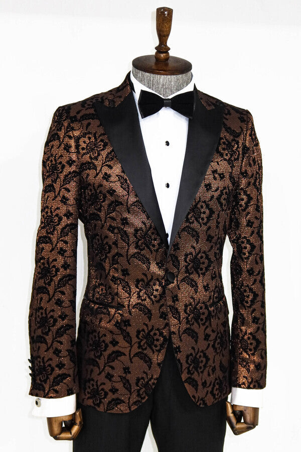 WSS Floral Patterned Peak Lapel Gold Men Prom Blazer  - Singen