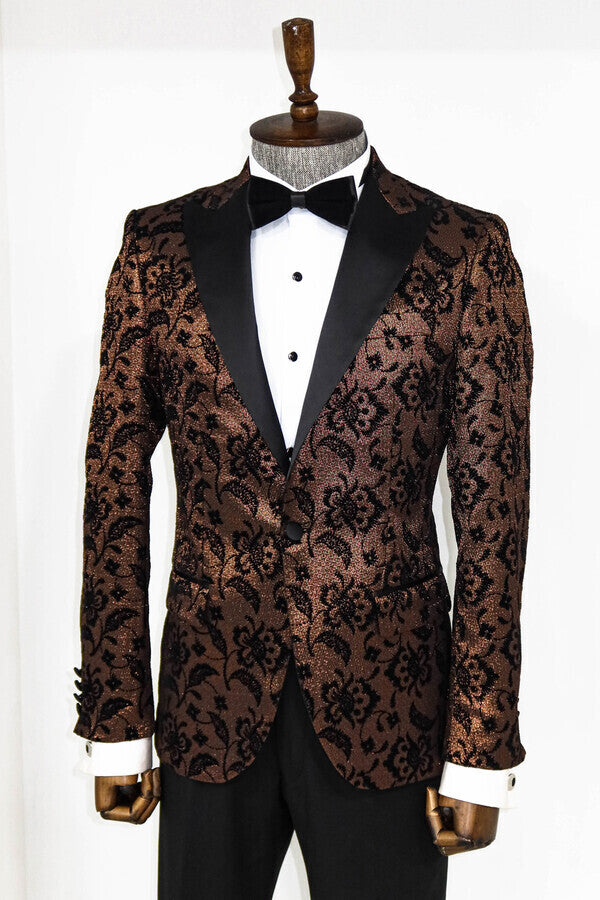 WSS Floral Patterned Peak Lapel Gold Men Prom Blazer  - Singen