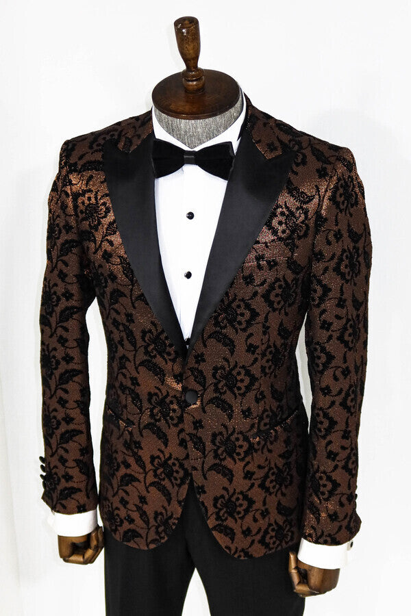 WSS Floral Patterned Peak Lapel Gold Men Prom Blazer  - Singen