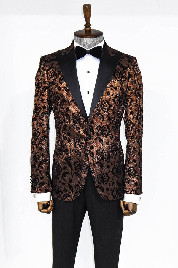 WSS Floral Patterned Peak Lapel Gold Men Prom Blazer  - Singen