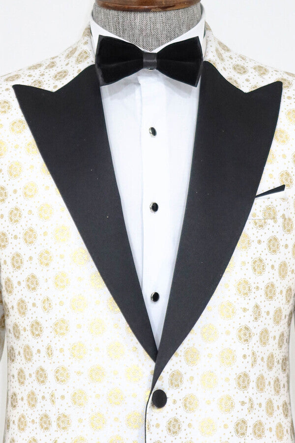 WSS Floral Patterned Peak Lapel White Men Prom Blazer  - Singen