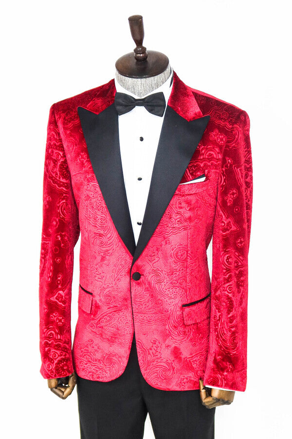 WSS Floral Patterned Velvet Burgundy Men Prom Blazer  - Singen