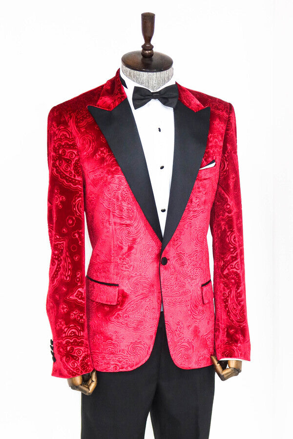 WSS Floral Patterned Velvet Burgundy Men Prom Blazer  - Singen