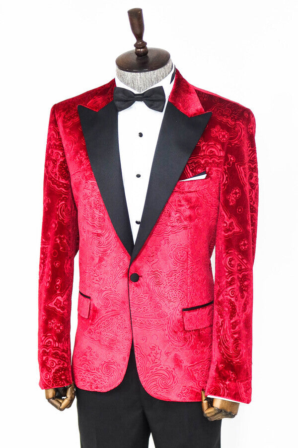 WSS Floral Patterned Velvet Burgundy Men Prom Blazer  - Singen