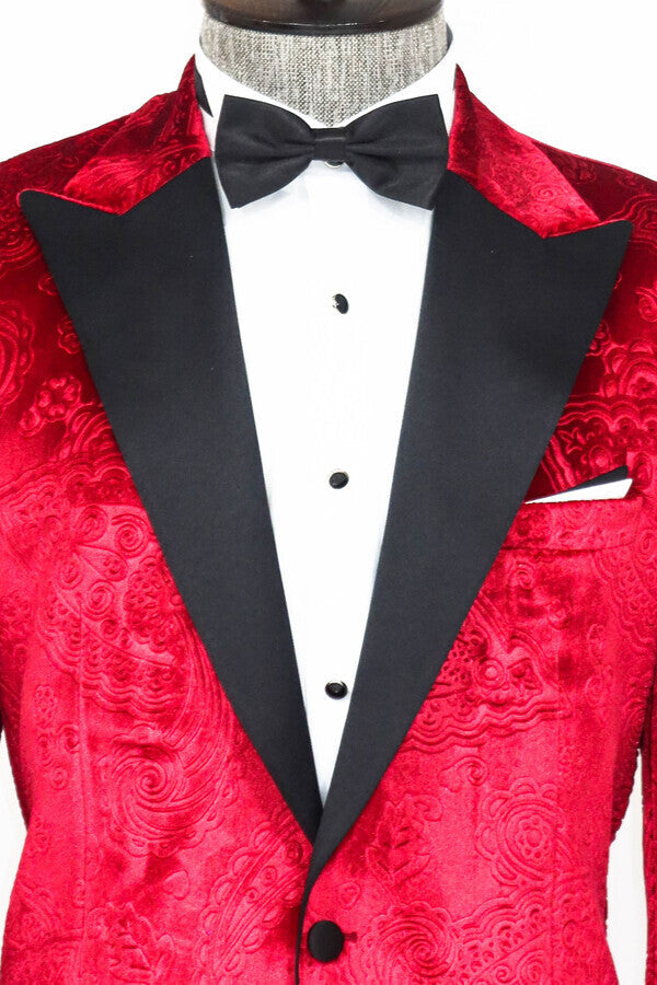 WSS Floral Patterned Velvet Burgundy Men Prom Blazer  - Singen