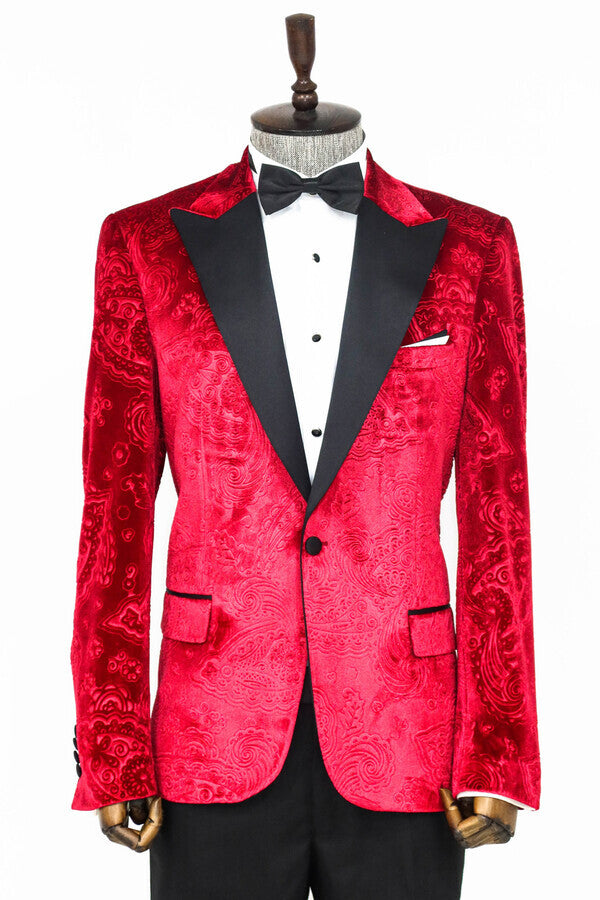 WSS Floral Patterned Velvet Burgundy Men Prom Blazer  - Singen