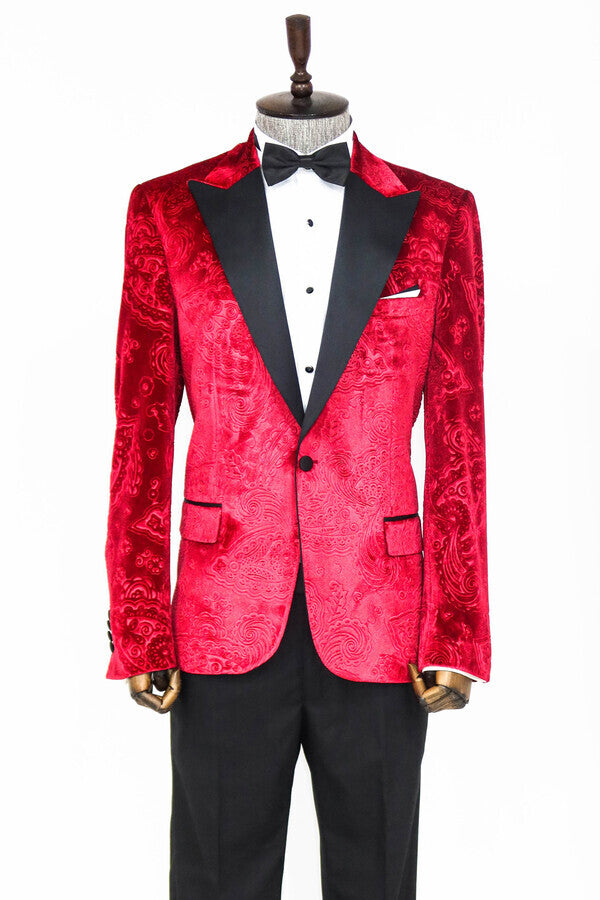 WSS Floral Patterned Velvet Burgundy Men Prom Blazer  - Singen