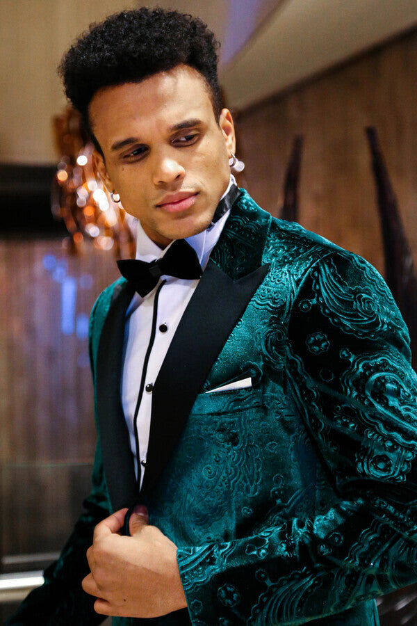 WSS Floral Patterned Velvet Green Men Prom Blazer  - Singen