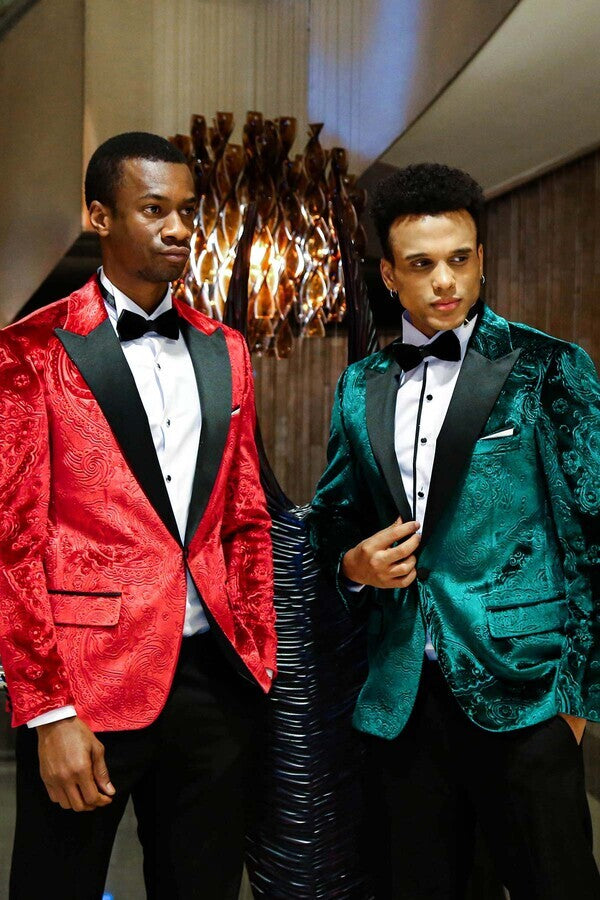 WSS Floral Patterned Velvet Green Men Prom Blazer  - Singen