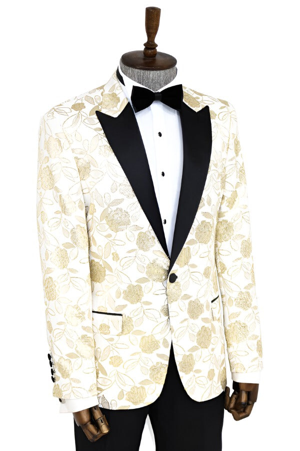 WSS Floral Patterned White Men Prom Blazer  - Singen