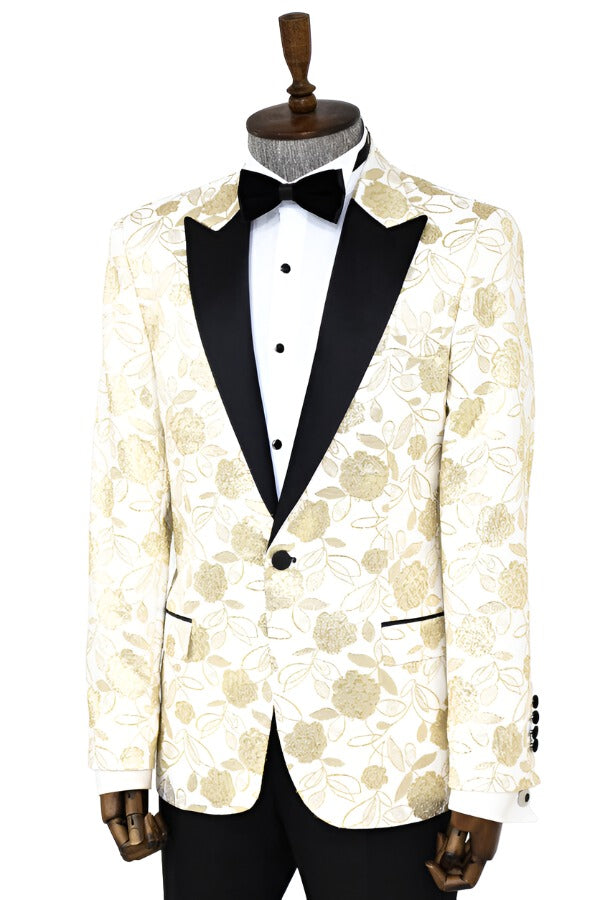 WSS Floral Patterned White Men Prom Blazer  - Singen