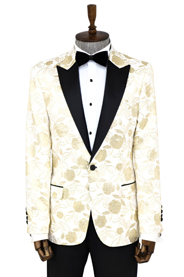 WSS Floral Patterned White Men Prom Blazer  - Singen