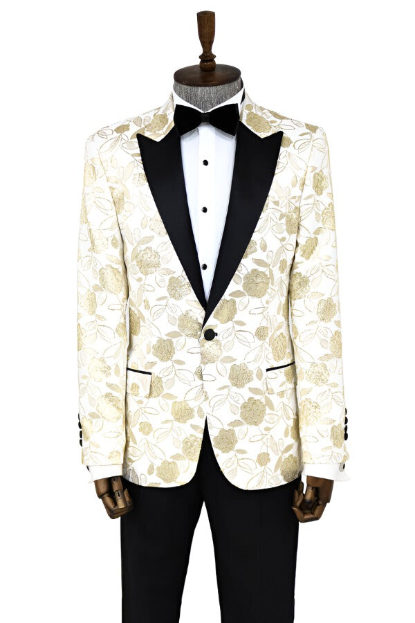 WSS Floral Patterned White Men Prom Blazer  - Singen