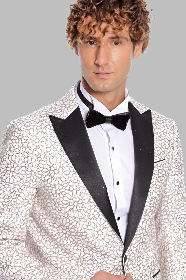 WSS Flower Embroidered Pattern White Men Prom Blazer  - Singen