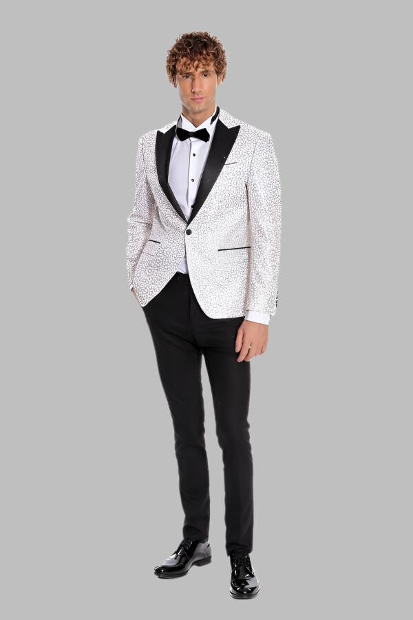 WSS Flower Embroidered Pattern White Men Prom Blazer  - Singen