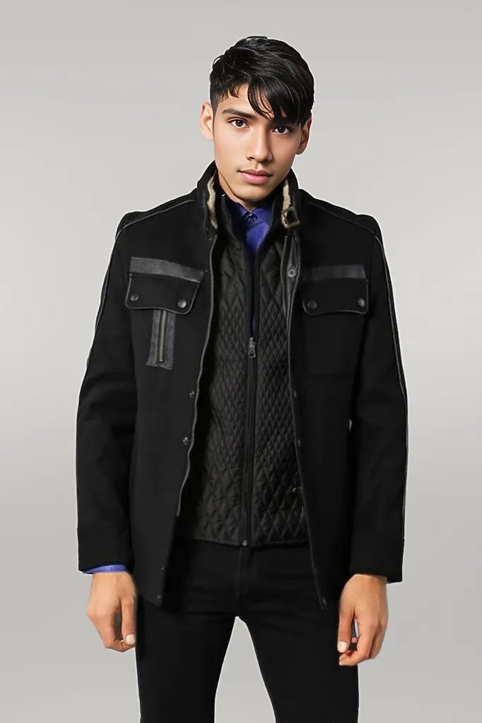 WSS Fur Collar 4 Pockets Black Men Coat  - Singen