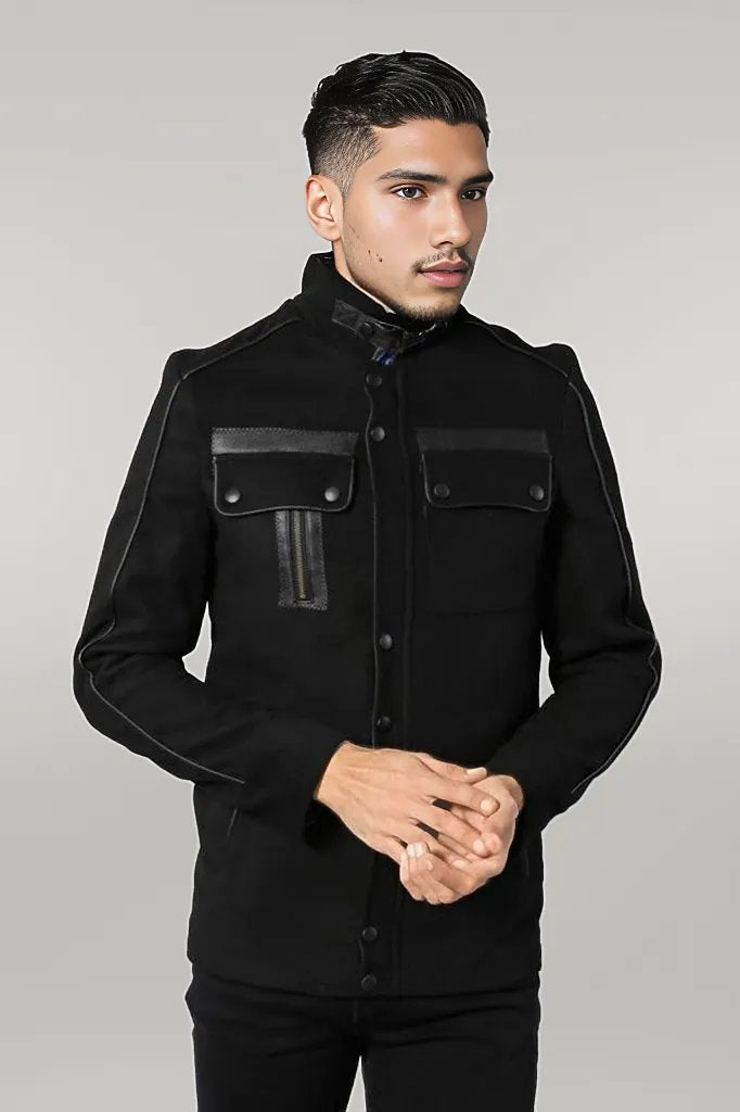 WSS Fur Collar 4 Pockets Black Men Coat  - Singen