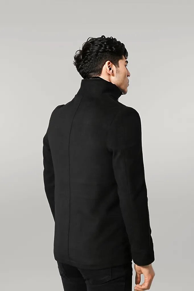 WSS Fur Collar 4 Pockets Black Men Coat  - Singen