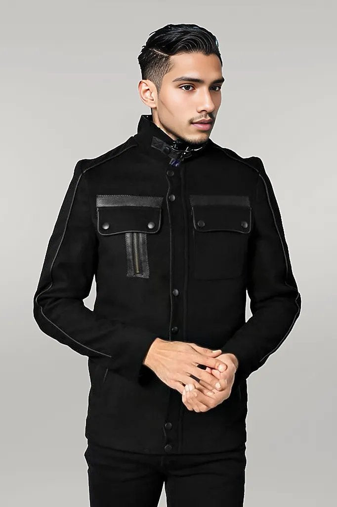 WSS Fur Collar 4 Pockets Black Men Coat  - Singen