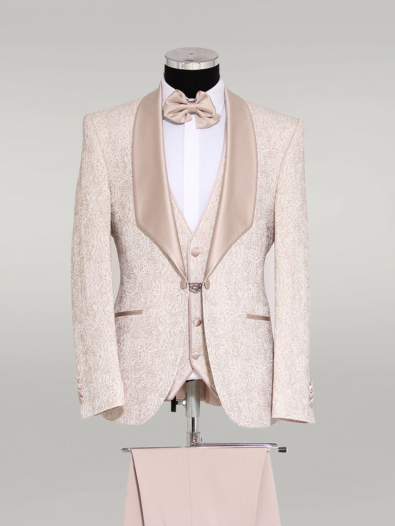 WSS 3-Piece Patterned Single Button Satin Lapel Cream Men's Tuxedo with Bow Tie  - Singen