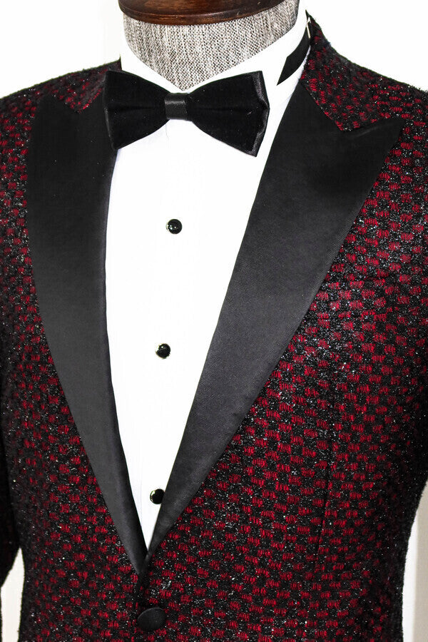 WSS Gingham Patterned Glittery Burgundy Men Prom Blazer  - Singen