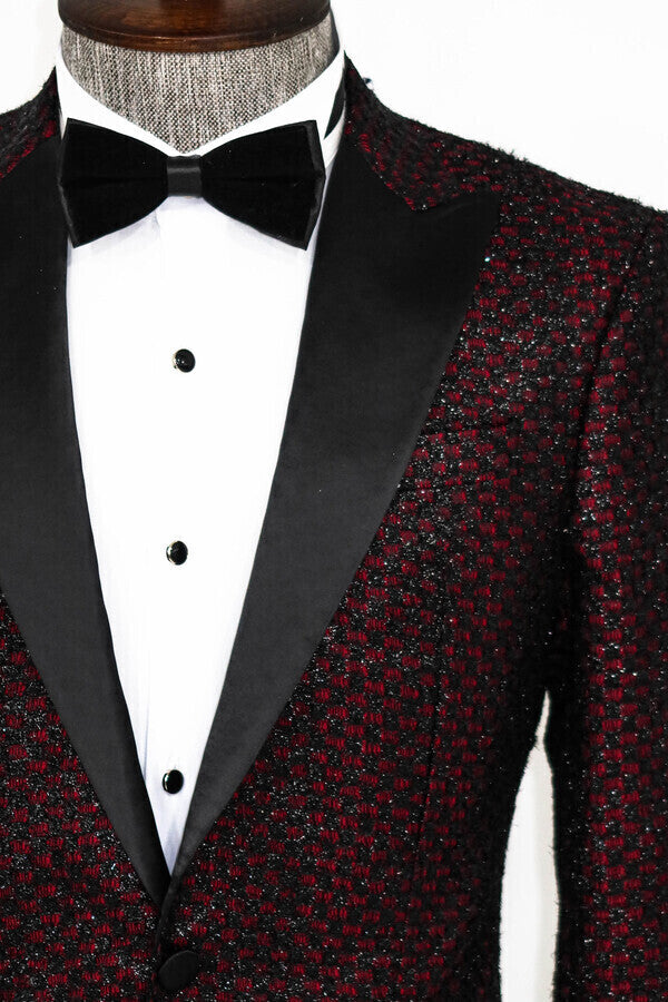 WSS Gingham Patterned Glittery Burgundy Men Prom Blazer  - Singen