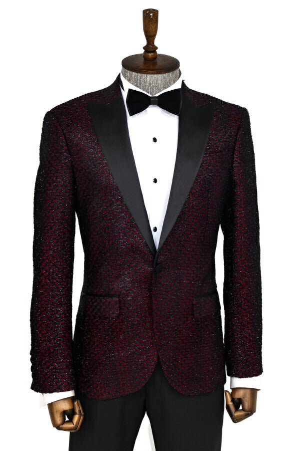 WSS Gingham Patterned Glittery Burgundy Men Prom Blazer  - Singen