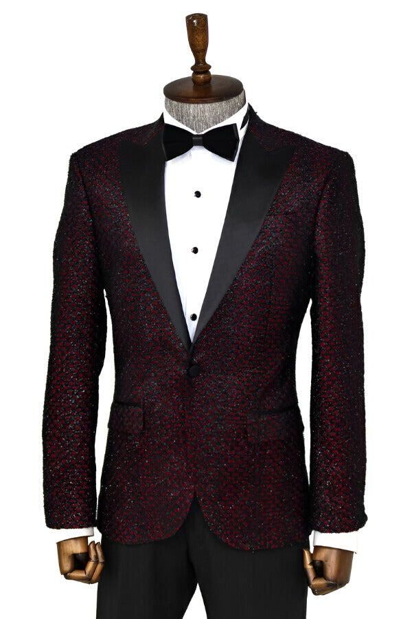 WSS Gingham Patterned Glittery Burgundy Men Prom Blazer  - Singen