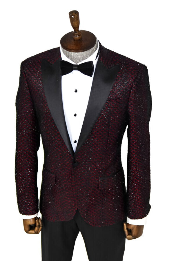 WSS Gingham Patterned Glittery Burgundy Men Prom Blazer  - Singen