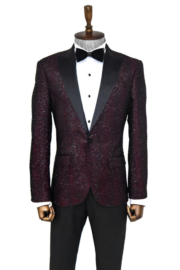 WSS Gingham Patterned Glittery Burgundy Men Prom Blazer  - Singen