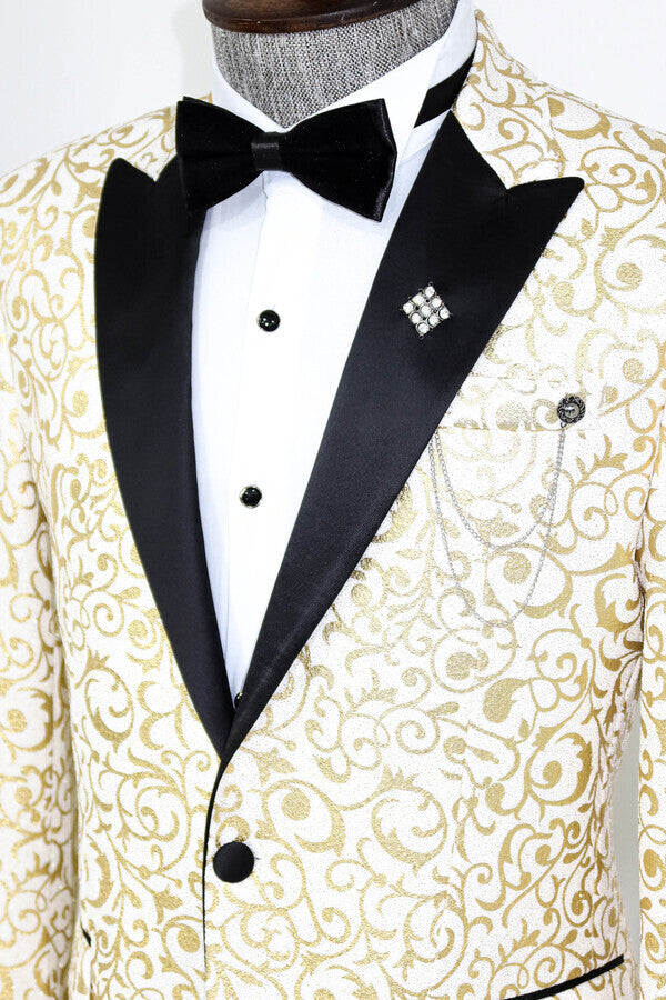 WSS Gold Scroll Patterned Over White Men Prom Blazer  - Singen