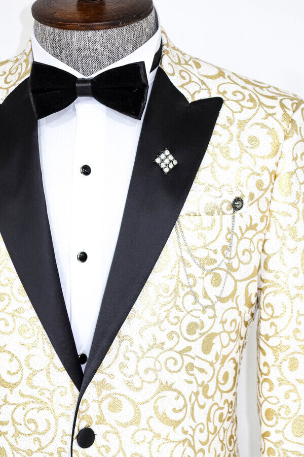 WSS Gold Scroll Patterned Over White Men Prom Blazer  - Singen