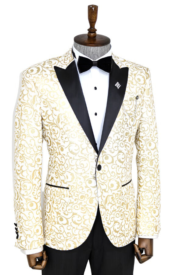 WSS Gold Scroll Patterned Over White Men Prom Blazer  - Singen